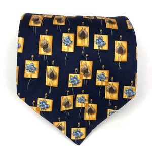 BURBERRY LONDON Tie Navy Yellow Floral Leaves Nature Elegant Silk Necktie Italy